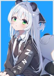  1girl absurdres ahoge animal_ears black_jacket black_necktie blue_background blue_shorts border collared_shirt commentary dress_shirt green_eyes grey_border grey_hair hair_between_eyes hair_intakes highres ikazu401 jacket long_hair long_sleeves looking_at_viewer necktie open_clothes open_jacket original parted_lips puffy_long_sleeves puffy_sleeves shirt shorts sleeves_past_wrists solo stuffed_animal stuffed_panda stuffed_toy very_long_hair white_shirt 