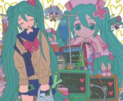  1girl aqua_eyes aqua_hair bag blue_bag blue_eyes blue_hair blue_sailor_collar blue_skirt blush bow brown_cardigan cardigan cardiogram cellphone character_doll chibi closed_eyes collared_dress demon_horns doll dress flip_phone hair_between_eyes hair_ornament hat hatsune_miku head_rest heart highres holding holding_bag holding_phone horns intravenous_drip koiiro_byoutou_(vocaloid) kousou_(vanilla_rkgk) leaning_to_the_side long_hair looking_at_viewer multiple_girls nurse nurse_cap open_mouth phone pill pink_bow pink_dress pink_hat plastic_bag pleated_skirt red_horns sailor_collar school_bag school_uniform serafuku shoulder_bag skirt smile spring_onion syringe tearing_up twintails very_long_hair violet_eyes vocaloid x_hair_ornament yawning 