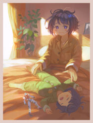  1boy 1girl absurdres blush_stickers border breast_pocket bright_pupils brown_pajamas buttons child closed_eyes curtains drooling gelgoog_(gquuuuuux) green_pajamas gundam gundam_gquuuuuux highres looking_at_another lying messy_hair morning mother_and_son naritate_zombie on_back on_bed open_mouth pajamas pocket purple_hair shiiko_sugai shiiko_sugai&#039;s_son sitting sleeping smile sunlight toy_robot white_border window_shadow 