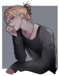  1boy annegogo99 arm_rest black_shirt blonde_hair blue_eyes border claw_hair_clip closed_mouth commentary cropped_arm ear_piercing glasses hair_ornament hairclip hand_rest head_tilt highres jewelry k-pop korean_commentary long_sleeves male_focus mole mole_under_eye multiple_rings necklace noah_(plave) parted_bangs pendant piercing plave ring shirt sleeves_past_wrists smile solo upper_body 