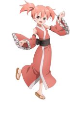  1girl :d anime_coloring black_sash blush breasts brown_eyes detached_sleeves flat_chest full_body hands_up japanese_clothes kimono kunoichi_tsubaki_no_mune_no_uchi leg_up long_sleeves looking_at_viewer obi official_art okuda_yousuke open_mouth sash short_hair simple_background sleeveless sleeveless_kimono smile solo standing standing_on_one_leg tachi-e transparent_background twintails ume_(kunoichi_tsubaki_no_mune_no_uchi) waraji wide_sleeves 