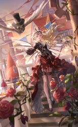  1girl animal artist_request asymmetrical_skirt bird black_bird black_jacket black_mask black_shoes black_thighhighs blazer blonde_hair castle cecilia_(shining_nikki) clothed_animal clouds collared_jacket collared_shirt collared_socks fishnet_thighhighs fishnets floating_hair flower frilled_skirt frills full_body game_cg garland_(decoration) gear_print gears high_heels highres holding holding_staff jacket lapels layered_legwear light_particles lipstick long_hair long_skirt long_sleeves looking_at_another makeup mask mask_on_head mechanical_wings molten_gold_(shining_nikki) nail_polish nikki_(series) notched_lapels official_art orange_sky outdoors outstretched_arm parted_lips puffy_long_sleeves puffy_sleeves rabbit_mask red_flower red_lips red_nails red_rose red_skirt ribbed_thighhighs rose shining_nikki shirt shoes skirt sky socks solo staff stairs standing steampunk sunset surprised thigh-highs town very_long_hair wavy_hair white_shirt white_socks white_wings wings yellow_eyes 