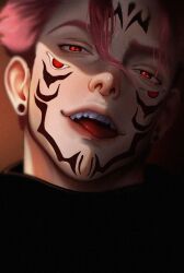  1boy black_shirt de_malyunok earrings extra_eyes facial_mark facial_tattoo hair_between_eyes highres itadori_yuuji jewelry jujutsu_kaisen lips looking_at_viewer male_focus nose open_mouth pink_hair portrait red_eyes ryoumen_sukuna_(jujutsu_kaisen) shirt short_hair smile solo spiky_hair tattoo teeth tongue tongue_out 
