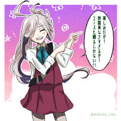  1girl absurdres ahoge aqua_bow asashimo_(kancolle) bow closed_eyes collared_shirt commentary_request dress dress_shirt faceless faceless_male gradient_background grey_hair grey_pantyhose hair_over_one_eye halter_dress halterneck highres kantai_collection mikeira_rihu pantyhose pointing ponytail purple_dress sash sharp_teeth shirt shoulder_sash smile solo teeth translation_request white_shirt 