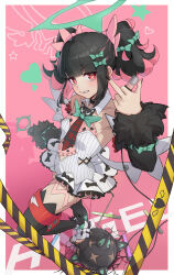  1girl absurdres angel_wings anger_vein black_hair black_nails blackxyfaf chinese_commentary commentary_request food food_art halo highres microphone middle_finger multicolored_hair platform_shoes red_eyes rokudu_sariel solo tako-san_wiener thigh-highs two-tone_hair wings zenless_zone_zero 