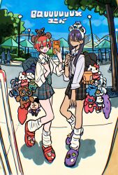  amate_yuzuriha black_hair charlie_brown cookie_monster dress_shirt gundam gundam_gquuuuuux haro hello_kitty_(character) highres long_hair minion_(despicable_me) necktie nyaan_(gundam_gquuuuuux) phone pleated_skirt red_hair shirt short_hair skirt snoopy takeuchi_ryousuke 