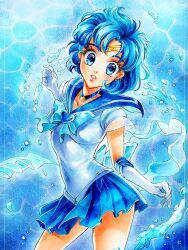  1girl back_bow bishoujo_senshi_sailor_moon bishoujo_senshi_sailor_moon_supers blue_choker blue_eyes blue_hair blue_sailor_collar blue_skirt bow choker earrings elbow_gloves gloves highres jewelry mizuno_ami nashi_juni parted_bangs sailor_collar sailor_mercury sailor_senshi_uniform short_hair skirt solo star_(symbol) star_choker super_sailor_mercury white_gloves 