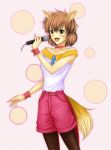  bowtie brown_hair fang fangs fox_ears khoto koto koto_(yu_yu_hakusho) microphone pantyhose short_hair shorts tail whiskers yu_yu_hakusho yuu_yuu_hakusho 