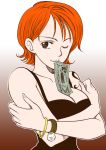  breasts chabudai cleavage female money mouth_hold nami one_piece orange_hair short_hair solo tattoo wink 