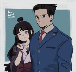  1boy 1girl ace_attorney black_eyes black_hair blue_jacket border closed_mouth collared_shirt erm_nkcn expressionless highres jacket japanese_clothes long_hair maya_fey necktie phoenix_wright red_necktie shirt short_hair smile white_border 