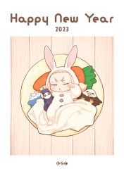  1girl ;&lt; animal_ears animal_hood bird blonde_hair blue_eyes chinese_zodiac commentary_request eggplant fake_animal_ears half-closed_eye hands_up hatsuyume hawk highres hood hood_up kozato_(yu_kozato) little_blonde_girl_(kozato) lying mount_fuji on_back onesie original rabbit_ears rabbit_hood short_eyebrows solo thick_eyebrows v-shaped_eyebrows year_of_the_rabbit 