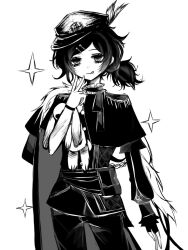  1girl :q aegyo_sal alternate_costume andrew_graves anmo418 arm_at_side capelet chinese_commentary choker closed_mouth commentary_request cowboy_shot crossdressing crossdressing_(ftm) elbow_carry eyebrows_hidden_by_hair fingerless_gloves fingernails frilled_choker frills gloves greyscale hair_ornament hairclip half-closed_eyes hand_up hat hat_feather hatching_(texture) high_contrast highres holding holding_stuffed_toy inward_v jacket jitome long_sleeves looking_at_viewer low_side_ponytail monochrome pants parallel_hairclips peaked_cap puffy_long_sleeves puffy_sleeves ringed_eyes short_hair side_ponytail simple_background single_fingerless_glove single_glove solo sparkle standing stuffed_animal stuffed_rabbit stuffed_toy the_coffin_of_andy_and_leyley tongue tongue_out tsurime v white_background 