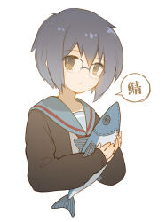  1girl black_cardigan blue_sailor_collar brown_eyes cardigan expressionless glasses highres holding holding_stuffed_toy kita_high_school_uniform long_sleeves looking_at_viewer nagato_yuki purple_hair sailor_collar school_uniform seleca short_hair simple_background solo stuffed_animal stuffed_fish stuffed_toy suzumiya_haruhi_no_yuuutsu upper_body white_background winter_uniform 