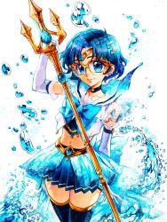  1girl adapted_costume air_bubble back_bow bishoujo_senshi_sailor_moon blue_boots blue_bow blue_bowtie blue_choker blue_eyes blue_gemstone blue_hair blue_sailor_collar blue_skirt boots bow bowtie brooch bubble choker circlet closed_mouth commentary crop_top earrings elbow_gloves english_commentary gem glasses gloves high_heel_boots high_heels highres jewelry looking_at_viewer magical_girl midriff miniskirt mizuno_ami nashi_juni navel pleated_skirt polearm sailor_collar sailor_mercury sailor_senshi_uniform shirt short_hair short_sleeves signature skirt smile solo splashing standing stud_earrings swept_bangs traditional_media trident water weapon white_gloves white_shirt 