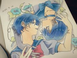  aribezi bishoujo_senshi_sailor_moon bishoujo_senshi_sailor_moon_supers blue_choker blue_eyes blue_hair blue_sailor_collar bow choker closed_eyes dated dual_persona earrings elbow_gloves flower gloves highres jewelry juuban_middle_school_uniform looking_at_another morning_glory red_bow sailor_collar sailor_mercury sailor_senshi_uniform school_uniform serafuku shirt short_hair smile star_(symbol) star_choker stud_earrings super_sailor_mercury white_gloves white_shirt 