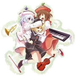  hug instrument instruments lunasa_prismriver lyrica_prismriver manekinukotei merlin_prismriver siblings sisters touhou trumpet 