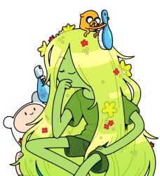  3boys adventure_time bottle brushing_another&#039;s_hair brushing_hair discount-supervillain fern_(adventure_time) finn_the_human flower furry furry_male hair_brush hair_flower hair_ornament jake_the_dog long_hair male_focus mini_person miniboy monster_boy multiple_boys plant_boy plant_hair shirt shorts smile solo_focus spray_bottle toon_(style) very_long_hair 