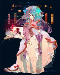  1girl a-li arm_behind_back blue_background blue_bow book bow capelet commentary_request crescent crescent_hat_ornament crystal expressionless floating floating_book floating_object full_body glowing_crystal grey_corset hair_bow hat hat_bow hat_ornament highres juliet_sleeves long_hair long_sleeves mob_cap open_book orange_skirt patchouli_knowledge pink_capelet pink_shirt puffy_sleeves purple_hair purple_hat red_bow red_eyes shirt sidelocks skirt small_stellated_dodecahedron solo spine_(book) star_(symbol) touhou 