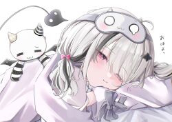  1girl asumi_sena black_hair blush demon_tail eye_mask highres looking_at_viewer mask multicolored_hair pajamas pink_eyes sleep_mask solo streaked_hair tail virtual_youtuber vspo! white_hair yuru._(m29125567) 