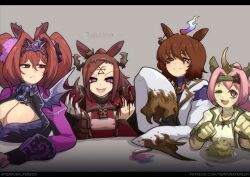  agnes_tachyon_(umamusume) animal_ears blood blood_on_hands breasts brown_hair chaos_(warhammer) crown daiwa_scarlet_(umamusume) dress ear_piercing grey_background haru_urara_(umamusume) highres horns horse_ears horse_girl khorne_(symbol) large_breasts long_sleeves looking_at_viewer looking_to_the_side nurgle_(cult) open_mouth piercing pink_hair ponytail purple_dress red_eyes red_hair sakura_bakushin_o_(umamusume) sidelocks simple_background slaanesh_(cult) smile tempura_person twintails tzeentch_(cult) umamusume warhammer_40k 