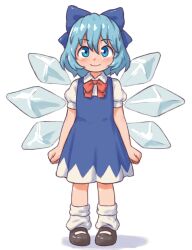  1girl beachepisode blue_bow blue_dress blue_eyes blue_hair bow cirno cirno_day closed_mouth dress english_commentary full_body hair_bow highres ice ice_wings leg_warmers looking_at_viewer puffy_short_sleeves puffy_sleeves red_ribbon ribbon shoes short_hair short_sleeves smile standing straight-on touhou white_background white_leg_warmers wings 