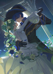 1boy 1girl absurdres aqua_hair arm_around_waist bicorne black_dress black_gloves blue_eyes blue_flower blue_hair blue_hat blue_rose breasts cantarella_(vocaloid) carnival_mask collared_dress commentary_request couple dancing dress eye_contact falling_petals flower gloves green_eyes hair_flower hair_ornament hand_on_another's_back hat hatsune_miku hatsune_miku_(rosa_bianca) hetero highres holding_hands indoors juliet_sleeves kaito kaito_(rosa_blue)_(vocaloid) kaito_(vocaloid) long_hair long_sleeves looking_at_another nun_nu open_mouth petals puffy_sleeves ringlets rose short_hair small_breasts standing twintails very_long_hair vocaloid waltz_(dance) white_dress white_flower white_gloves white_rose