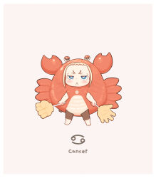  1girl :&lt; barefoot blonde_hair blue_eyes blush brown_background cancer_(symbol) cancer_(zodiac) chibi closed_mouth crab_costume full_body highres holding kozato_(yu_kozato) little_blonde_girl_(kozato) original short_eyebrows simple_background solo standing thick_eyebrows v-shaped_eyebrows zodiac 