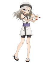  1girl anime_coloring bare_shoulders bike_shorts black_headband black_sandals blush breasts detached_sleeves flat_chest flute full_body grey_eyes grey_hair hair_between_eyes headband holding holding_flute holding_instrument hototogisu_(kunoichi_tsubaki_no_mune_no_uchi) instrument japanese_clothes kimono kunoichi_tsubaki_no_mune_no_uchi long_hair long_hair_between_eyes long_sidelocks looking_at_viewer ninja obi official_art okuda_yousuke purple_sash red_ribbon ribbon sandals sash short_kimono sidelocks simple_background sleeveless solo standing tachi-e transparent_background tsurime two-handed v-shaped_eyebrows white_kimono zouri 