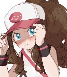  1girl aqua_eyes black_vest blush brown_hair closed_mouth commentary_request hands_on_headwear hands_up hat highres hilda_(pokemon) long_hair looking_at_viewer nakikot_t open_clothes open_vest pokemon pokemon_bw shirt sidelocks simple_background sleeveless sleeveless_shirt solo tearing_up upper_body vest white_background white_hat white_shirt wristband 