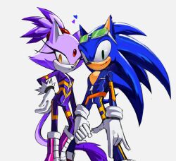  1boy 1girl alternate_costume animal_ears blaze_the_cat blaze_the_cat_(riders) bodysuit cat_ears cat_girl cat_tail closed_mouth eyelashes eyewear_on_head forehead_jewel furry green_eyes headband heart hedgehog_boy highres holding_hands official_alternate_costume partially_unzipped prototype_design purple_fur smile sonic_(series) sonic_riders sonic_riders:_zero_gravity sonic_riders_(series) sonic_rush sonic_the_hedgehog sonic_the_hedgehog_(riders) tail unzipped white_background wvcyclone yellow_eyes zipper 