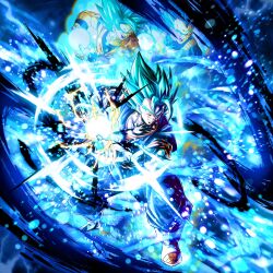  3boys blue_aura blue_bodysuit blue_eyes blue_hair blue_pants blue_sash blue_shirt bodysuit boots buuchan_dbart clenched_teeth dragon_ball dragon_ball_super electricity final_kamehameha gloves highres light_particles multiple_boys muscular muscular_male open_mouth orange_shirt pants saiyan_armor sash shirt son_goku super_saiyan super_saiyan_blue teeth vegeta vegetto white_boots white_gloves 
