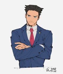  1boy ace_attorney black_hair blue_jacket bright_pupils closed_mouth collared_shirt cropped_torso crossed_arms erm_nkcn fingernails highres jacket long_sleeves male_focus necktie phoenix_wright red_necktie shirt short_hair simple_background smile solo upper_body white_pupils 