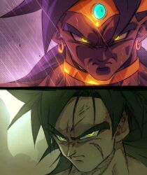  2boys black_hair broly_(dragon_ball_super) broly_(dragon_ball_z) ch_nadhir close-up dragon_ball dragon_ball_super dragon_ball_super_broly dragon_ball_z highres long_hair male_focus multiple_boys rain scar scar_on_face spiky_hair yellow_eyes 