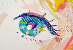  1girl blonde_hair blue_eyes blurry close-up colored_eyelashes commentary_request depth_of_field eye_focus highres masking_tape_(medium) mixed_media multicolored_eyes orange_hair original photo_(medium) pink_hair pink_pupils ryono solo traditional_media unconventional_media 