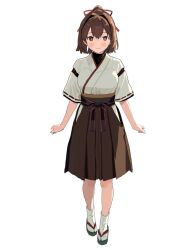  1girl brown_eyes brown_hair brown_hakama commentary_request full_body hakama hakama_skirt headband ise_(kancolle) ise_ebi_to_hyuuga_natsu_mikan ise_kai_ni_(kancolle) japanese_clothes kantai_collection kimono nontraditional_miko ponytail sandals short_hair simple_background skirt socks solo tabi undershirt white_background white_headband white_kimono 