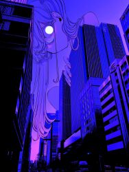  1girl absurdres building cityscape closed_mouth commentary_request eyelashes hair_behind_ear hair_over_one_eye highres ichiki_(1_09) looking_at_viewer moon original purple_theme real_life_insert solo squatting twintails 