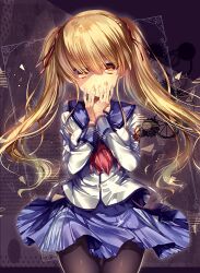  1girl angel_beats! black_background black_pantyhose blonde_hair blue_sailor_collar blue_skirt chi_no covering_own_mouth cowboy_shot eyes_visible_through_hair floating_hair hair_ribbon hands_up long_hair long_sleeves neckerchief pantyhose pleated_skirt red_neckerchief ribbon sailor_collar school_uniform serafuku shinda_sekai_sensen_uniform shirt skirt solo thigh_gap twintails very_long_hair white_shirt yusa_(angel_beats!) 