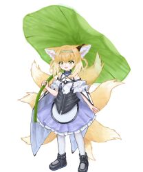  1girl absurdres animal_ears arknights blonde_hair chang_le_huan_yu chinese_commentary commentary_request fox_ears fox_girl fox_tail full_body green_eyes hairband highres holding holding_leaf leaf leaf_umbrella pantyhose simple_background solo suzuran_(arknights) tail white_background white_pantyhose 