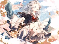  1girl black_capelet black_socks blue_dress blue_eyes blue_hair blue_sky capelet clouds dress from_side highres kumoi_ichirin long_sleeves medium_hair mitsusame one_eye_closed open_mouth parted_bangs sky smile socks touhou two-tone_dress unzan wavy_hair white_dress 