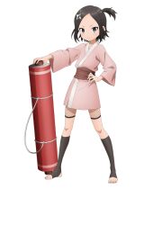  1girl anime_coloring black_eyes black_hair blush breasts closed_mouth collarbone fishnet_shorts fishnets flat_chest full_body hair_ornament hand_on_own_hip japanese_clothes kimono kimono_skirt kunoichi_tsubaki_no_mune_no_uchi long_sleeves looking_at_viewer ninja official_art okuda_yousuke one_side_up parted_bangs pink_kimono scroll scroll_tube short_hair short_kimono shuriken shuriken_hair_ornament sidelocks simple_background solo standing tachi-e toeless_legwear toes touwata_(kunoichi_tsubaki_no_mune_no_uchi) transparent_background tsurime v-shaped_eyebrows weapon wide_sleeves 