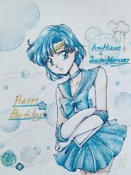  back_bow bishoujo_senshi_sailor_moon blue_choker blue_eyes blue_flower blue_hair blue_rose blue_sailor_collar blue_skirt bow bubble character_name choker circlet crossed_arms earrings flower gloves happy_birthday highres jewelry lips magical_girl mizuno_ami rose sailor_collar sailor_mercury sailor_senshi_uniform short_hair skirt stud_earrings traditional_media white_gloves x_keito_x 