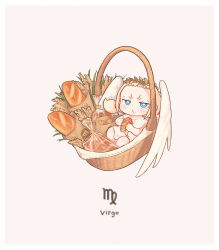  1girl :&lt; baguette basket blonde_hair blue_eyes blush bread brown_background chibi closed_mouth feathered_wings food highres holding holding_food in_basket in_container kozato_(yu_kozato) laurel_crown little_blonde_girl_(kozato) looking_at_viewer mini_person minigirl original short_eyebrows simple_background solo thick_eyebrows twintails v-shaped_eyebrows virgo_(symbol) virgo_(zodiac) white_wings wings zodiac 