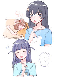  ... 3girls ^_^ aijou_karen animal_print arm_at_side arms_on_table arms_up bear_print black_hair blue_eyes blue_shirt blush brown_hair cat_print closed_eyes collarbone commentary cropped_torso crown_hair_ornament finger_to_own_chin flying_sweatdrops hair_ornament hairclip hand_up head_on_table hot kagura_hikari long_hair multiple_girls open_mouth orange_shirt print_shirt purple_hair round_table shirt shirt_tug short_hair short_sleeves shoujo_kageki_revue_starlight simple_background smile sparkle_hair_ornament speech_bubble spoken_ellipsis spoken_sweatdrop sweat sweatdrop symbol-only_commentary table tsuyuzaki_mahiru two_side_up upper_body wavy_mouth white_background zangemiya 