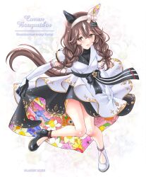  1girl animal_ears breasts brown_eyes brown_hair character_name commentary_request curren_bouquetd&#039;or_(umamusume) delta-e elbow_gloves gloves hairband highres horse_ears horse_girl long_braid looking_at_viewer medium_breasts nipples open_mouth ribbon simple_background solo standing standing_on_one_leg thighs umamusume white_background 