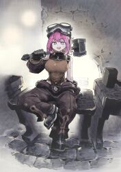  1girl bandaid bandaid_on_arm bandaid_on_face bare_shoulders bench blacksmith blue_hair breasts brick commentary detached_sleeves forge furnace gloves hammer highres holding holding_hammer jun_(navigavi) mask mask_on_head medium_hair on_bench open_mouth original single_detached_sleeve sitting smile solo stone_floor table welding_mask 