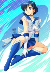  1girl bishoujo_senshi_sailor_moon bishoujo_senshi_sailor_moon_supers blue_choker blue_eyes blue_hair blue_sailor_collar blue_skirt choker danmakuman earrings gloves highres jewelry magical_girl miniskirt mizuno_ami parted_bangs pleated_skirt sailor_collar sailor_mercury sailor_senshi_uniform short_hair skirt star_(symbol) star_choker stud_earrings super_sailor_mercury thick_thighs thighs white_gloves 