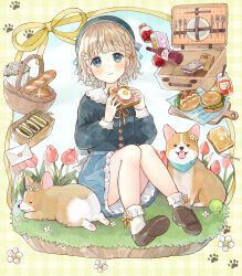  1girl :t animal apple baby_animal bacon bag baguette ball basket beret blonde_hair blue_eyes blue_hat blue_ribbon blue_scarf blue_shirt blue_skirt blunt_bangs blush bone_hair_ornament bottle bouquet bow_legwear braid bread bread_bun bread_slice brown_shoes burger buttons closed_mouth commentary_request cutting_board dog dot_nose envelope flower flower_button flower_wreath food food_in_mouth fork fried_egg fried_egg_on_toast fruit full_body gingham_background grape_juice hair_ornament hair_ribbon hat hat_ribbon highres holding holding_food jam jar juice knees_together_feet_apart knees_up knife long_sleeves looking_at_viewer miniskirt on_grass orange_ribbon original outdoors paper_bag paw_hair_ornament paw_print paw_print_pattern pawpads petticoat picnic_basket plate puffy_long_sleeves puffy_sleeves puppy red_flower red_tulip ribbon ribbon_border sandwich scarf shirt shoes short_hair side_braid single_braid sitting skirt sleeping_animal smile socks solo spoon tennis_ball tententuyu toast tongue tongue_out tulip wavy_hair welsh_corgi white_flower white_socks wine_bottle yellow_background yellow_flower yellow_ribbon 
