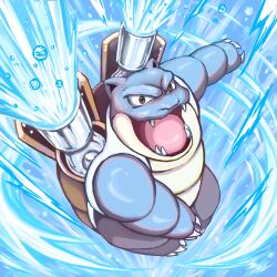  blastoise brown_eyes cannon claws fangs highres hydro_pump_(pokemon) no_humans open_mouth pokemon pokemon_(creature) pokemon_focus pokemon_move shoulder_cannon solo tongue v-shaped_eyes wai152 water 