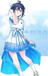  1girl 22/7 anata_de_nakucha antenna_hair black_hair blue_background bow brown_eyes collared_dress dress foot_out_of_frame hair_between_eyes hair_bow hand_in_own_hair highres open_mouth shoes short_hair short_sleeves socks solo song_name takigawa_miu trefle_r white_bow white_shoes white_socks 