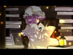  dark fastbond hat lamp letterboxed long_hair looking_back patchouli_knowledge purple_hair ribbon ribbons touhou 